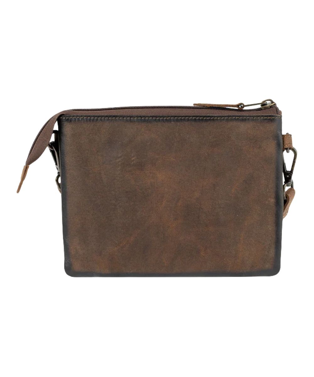 Back view of the women's brown leather crossbody featuring the solid brown back