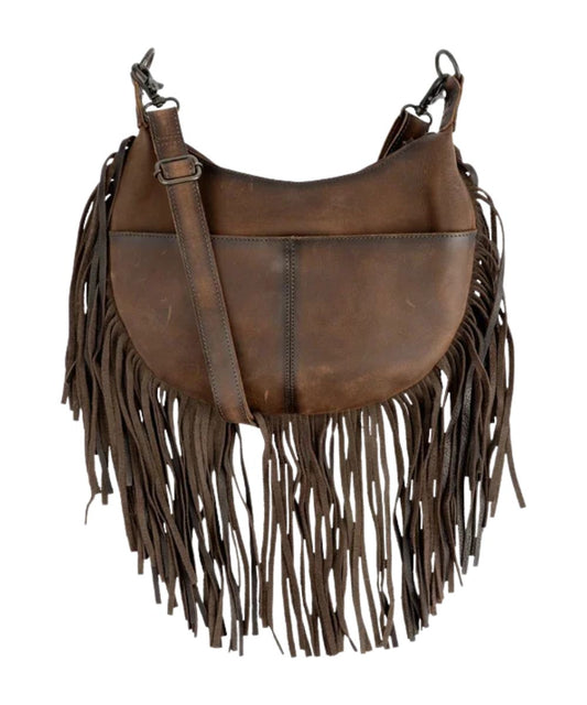 Back view of the women's brown leather crossbody purse featuring the exterior back magnetic snap slip pocket with an interior zip pocket, and the decorative fringe