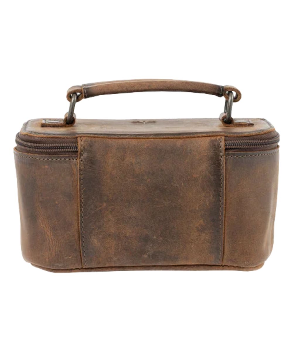 Back view of the women's brown leather train case