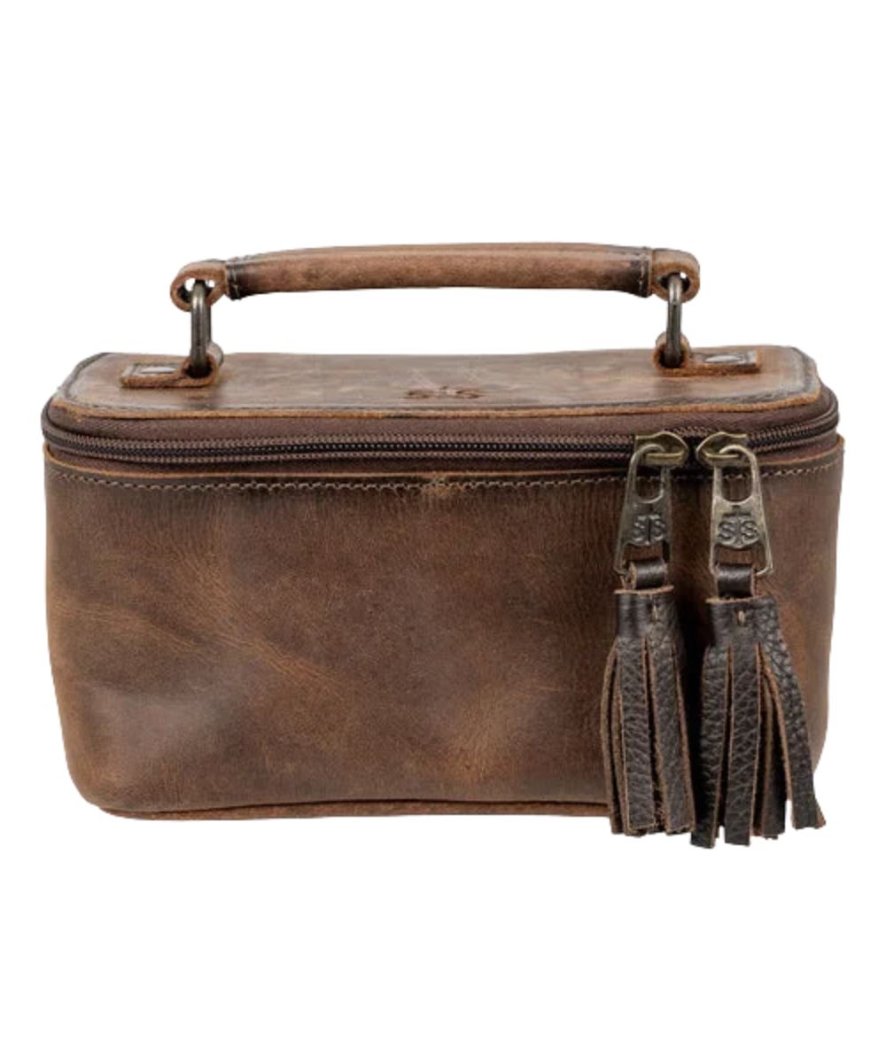Front view of the women's STS Baroness Petite Train Case featuring the tassel zipper pulls and the leather top carry handle