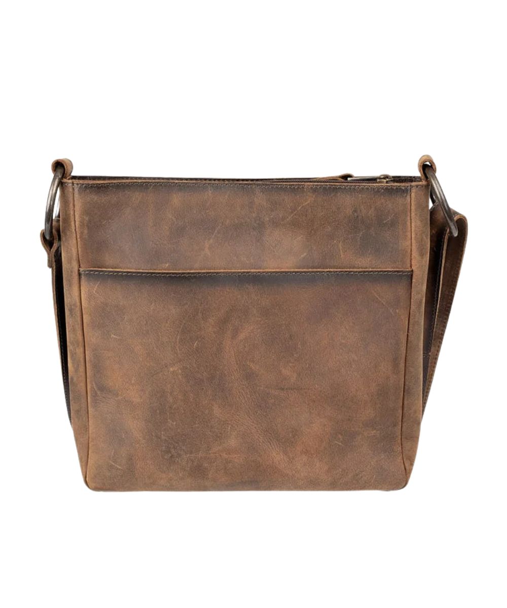 Back view of the women's brown leather crossbody purse featuring the exterior back slip pocket