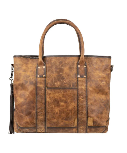 Back view of the women's brown leather cowhide tote featuring the back exterior slip pocket
