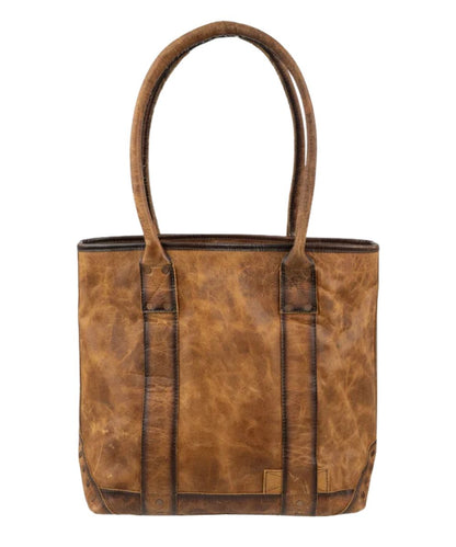 Back view of the women's brown distressed leather tote bag