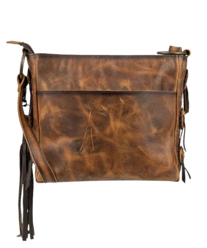 Back view of the women's brown leather purse featuring the back slip pocket