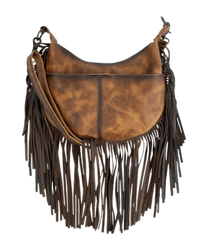 Back view of the women's brown leather cowhide crossbody featuring the back exterior magnetic slip pocket
