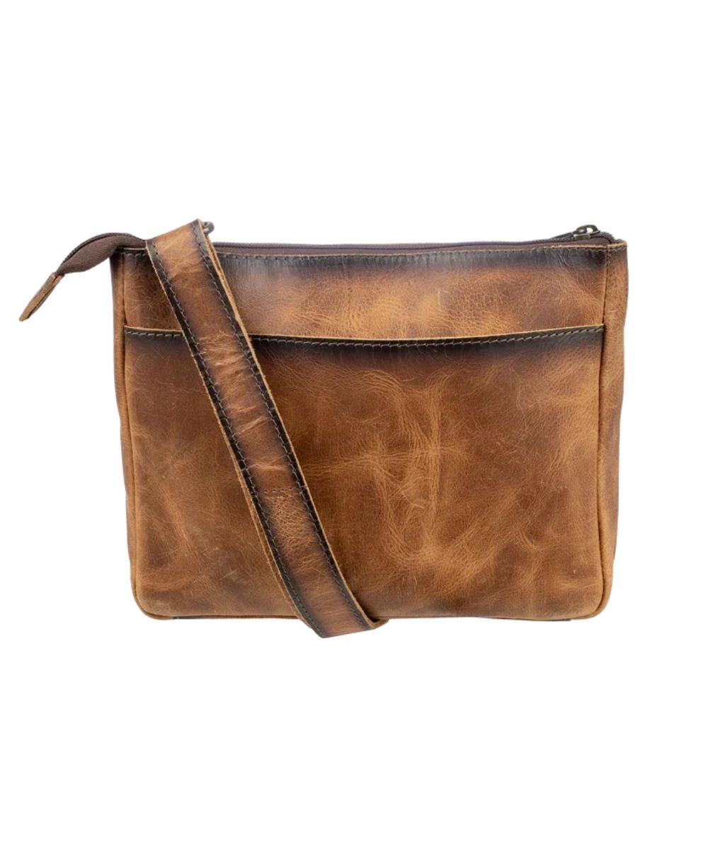 Back view of the women's brown crossbody purse featuring the exterior back slip pocket