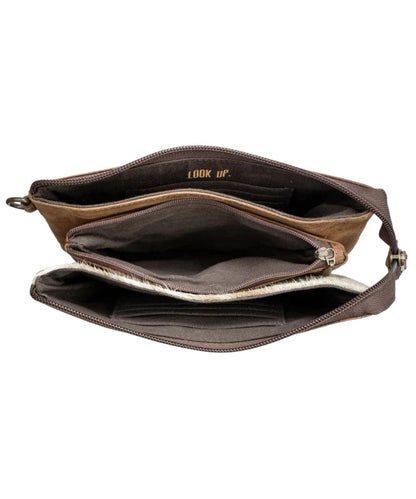 Interior view of the women's cowhide crossbody featuring the divided zipper compartments, 8 card slots, and a quote that reads: "Look Up."