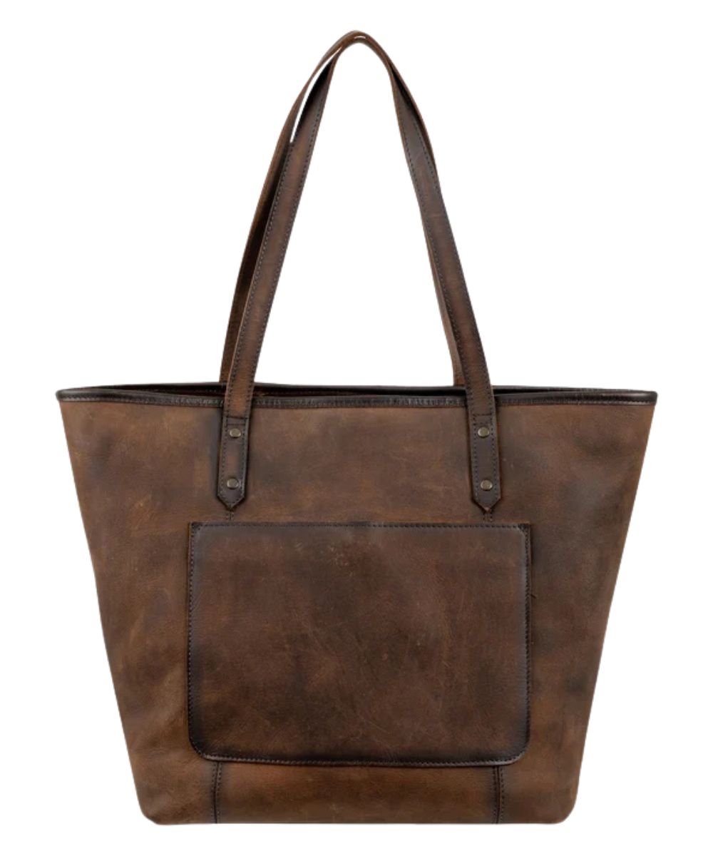 Back view of the women's brown cowhide laptop tote featuring the solid brown back and the exterior back magnetic slip pocket with 1 interior zip pocket and 1 scrunch pocket