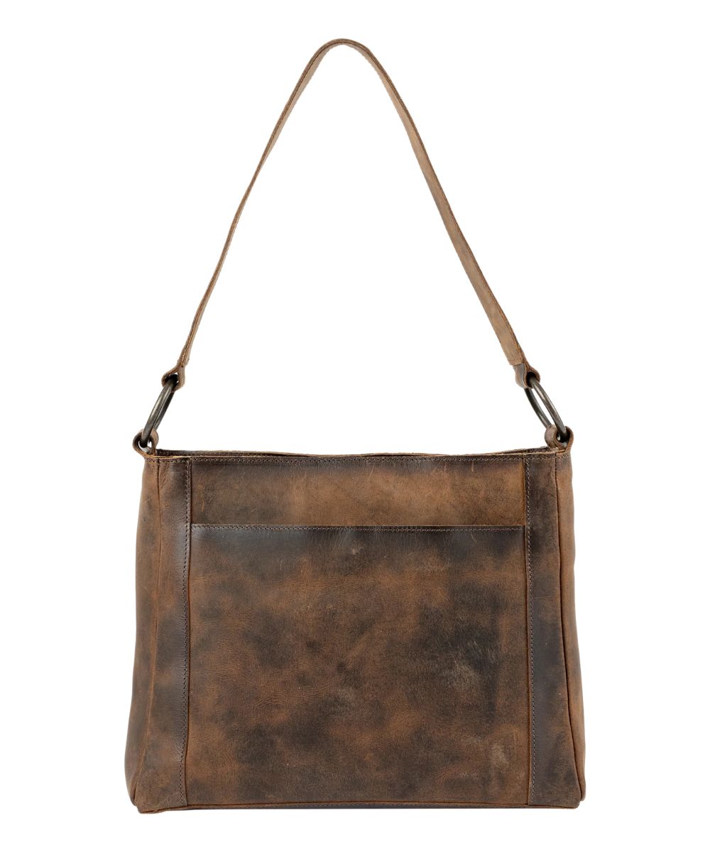Back view of the women's shoulder bag featuring the exterior slip pocket
