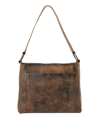 Back view of the women's shoulder bag featuring the exterior slip pocket