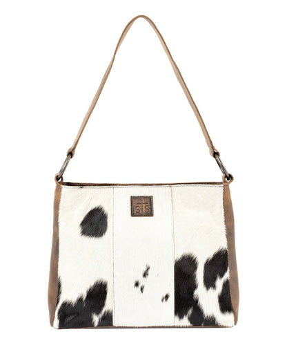 Front view of the women's STS Cowhide Sterling Shoulder Bag featuring the brown leather, non-removable shoulder strap, and cowhide