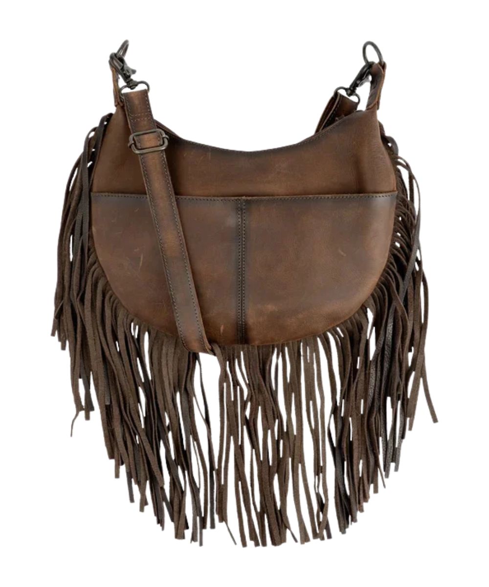Back view of the women's cowhide crossbody featuring the back exterior magnetic snap slip pocket