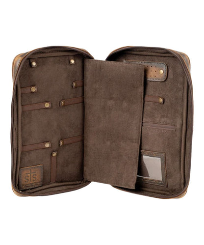 Interior view of the women's cowhide jewelry case featuring the 10 interior elastic bands with snaps and the padded interior divider