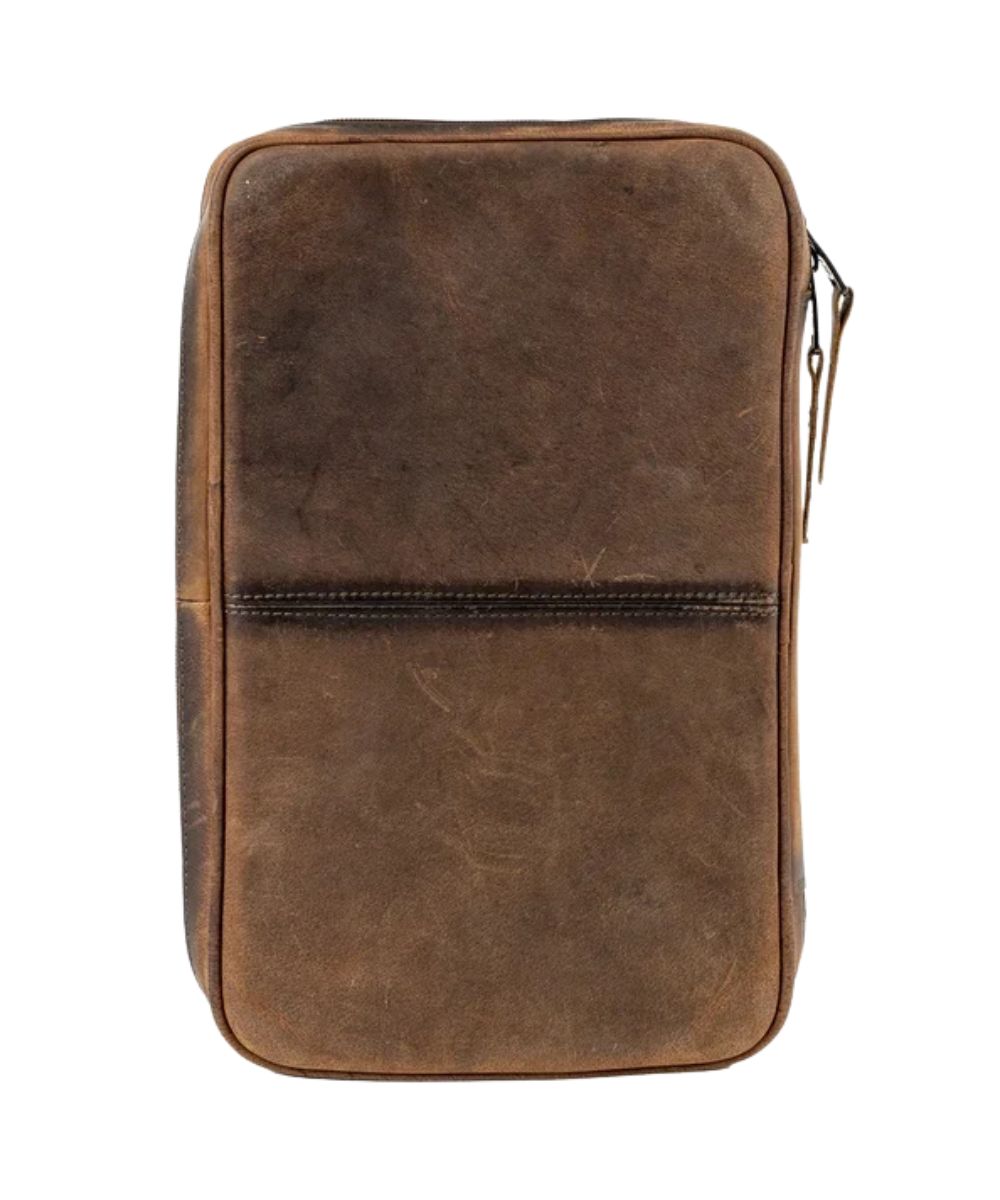 Back view of the women's dark brown leather jewelry case featuring the solid back and zip-around closure