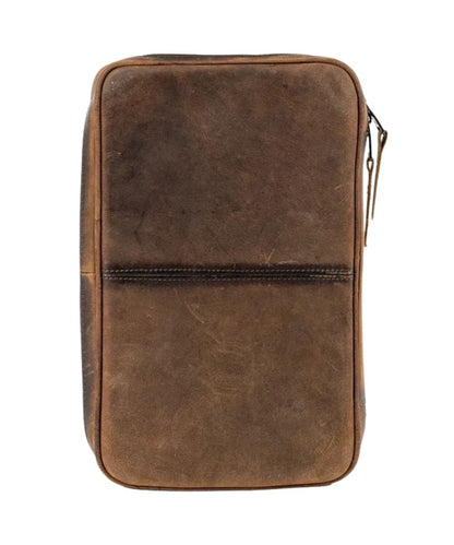 Back view of the women's dark brown leather jewelry case featuring the solid back and zip-around closure