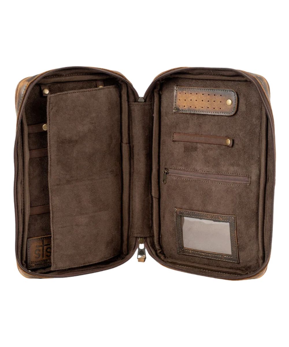 Interior view of the women's cowhide jewelry case featuring the ID slot, earring holder, and the zip pocket