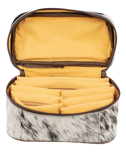 Interior view of the women's cowhide jewelry organizer featuring the 6 zip pouches and the larger zip pouches