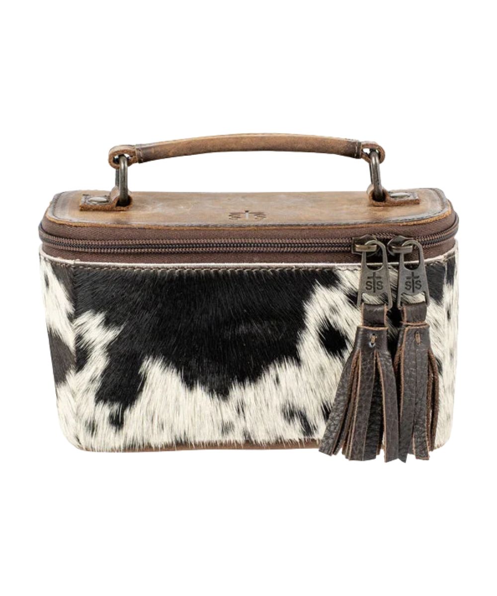 Front view of the women's STS Cowhide Petite Train Case featuring the top carry handle and tassel zipper pulls