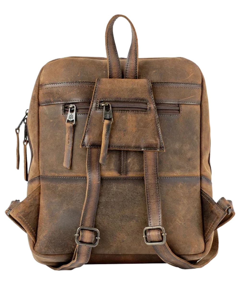 Back view of the women's brown leather backpack featuring the dual adjustable backpack straps with a zipper pocket and an exterior back zipper pocket