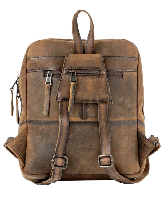 Back view of the women's brown leather backpack featuring the dual adjustable backpack straps with a zipper pocket and an exterior back zipper pocket