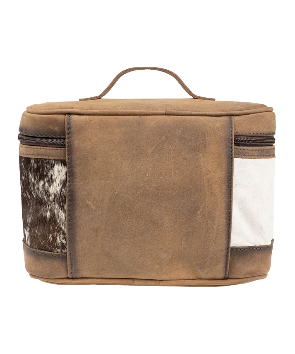 Back view of the brown leather train case featuring the brown leather trim and cowhide leather