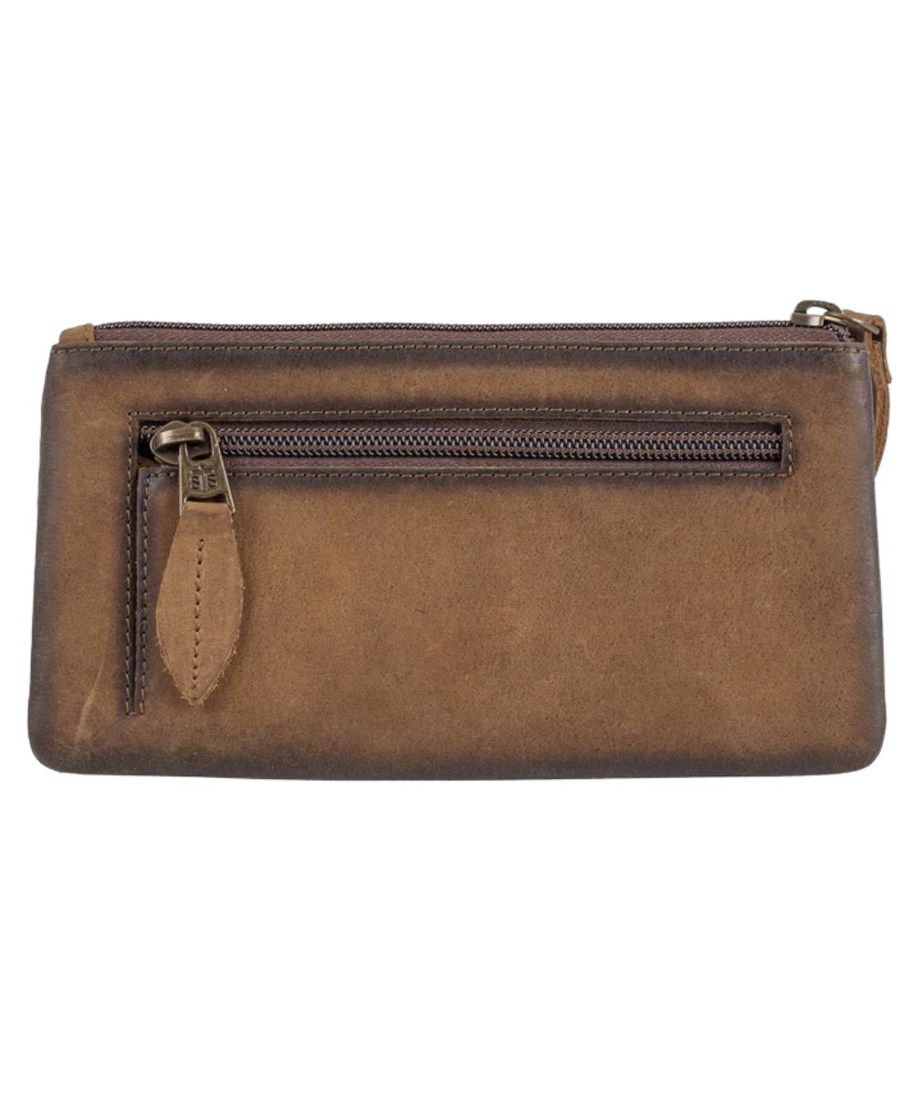 Back view of the women's brown leather wristlet wallet featuring the back exterior zip pocket