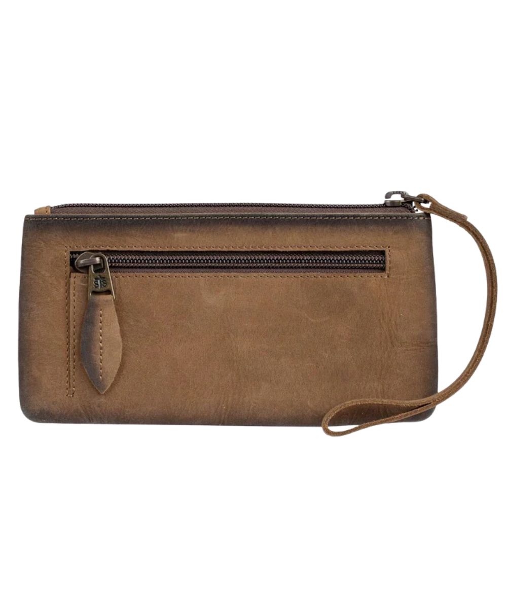 Back view of the women's brown leather wallet featuring the back exterior zip pocket