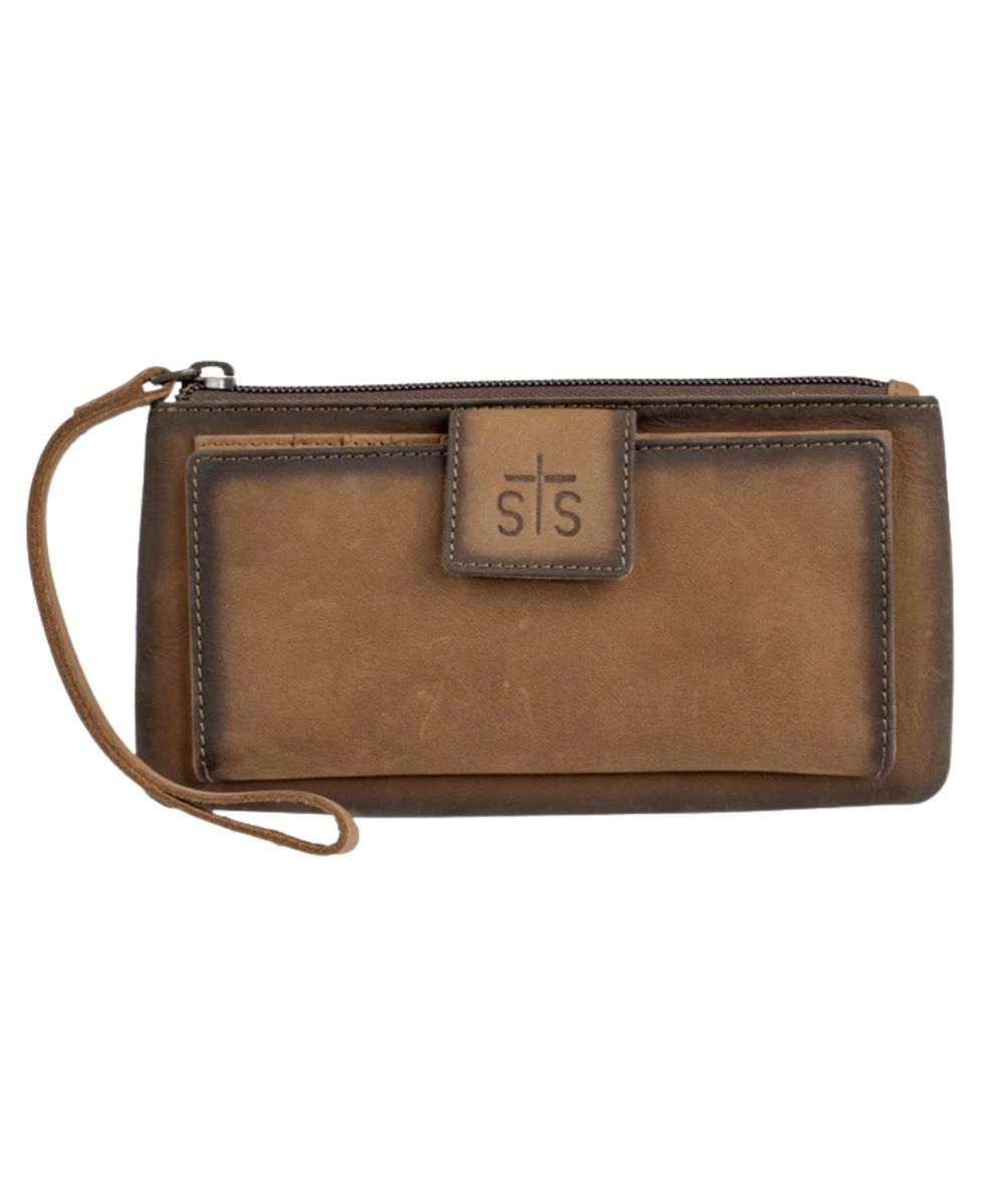 Front view of the women's brown STS Baroness Basic Bliss Haley Wallet featuring the full grain leather construction and a wristlet strap