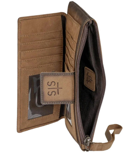 Interior view of the women's brown leather wallet featuring the top zipper closure pocket, and the snap closure pocket with card slots and id slots