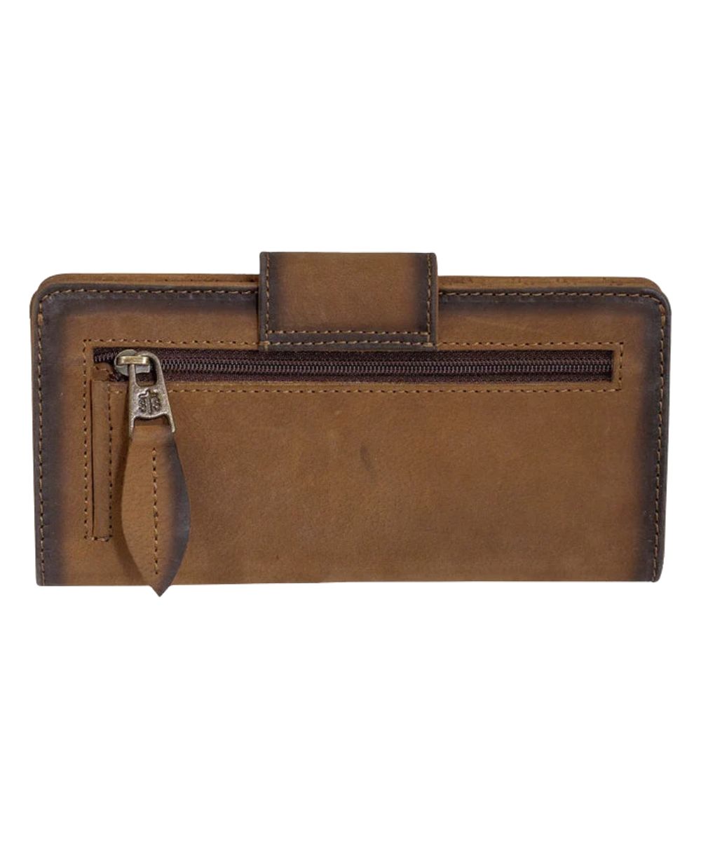 Back view of the women's brown leather wallet featuring the back exterior zipper pocket