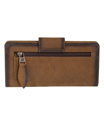 Back view of the women's brown leather wallet featuring the back exterior zipper pocket