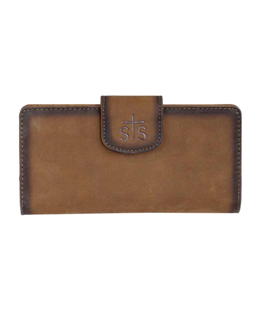 Front view of the women's brown STS Baroness Basic Bliss Carlin Wallet featuring the genuine leather construction and snap flap closure