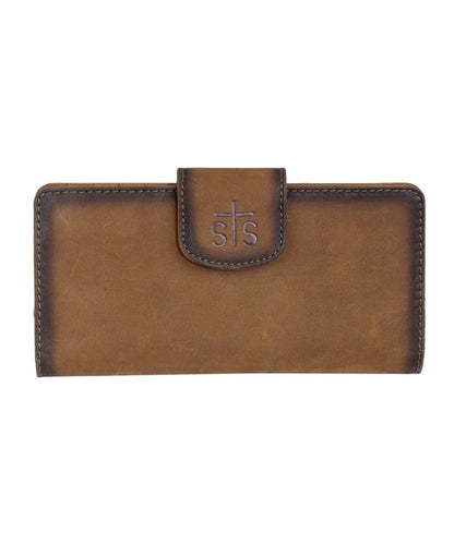 Front view of the women's brown STS Baroness Basic Bliss Carlin Wallet featuring the genuine leather construction and snap flap closure