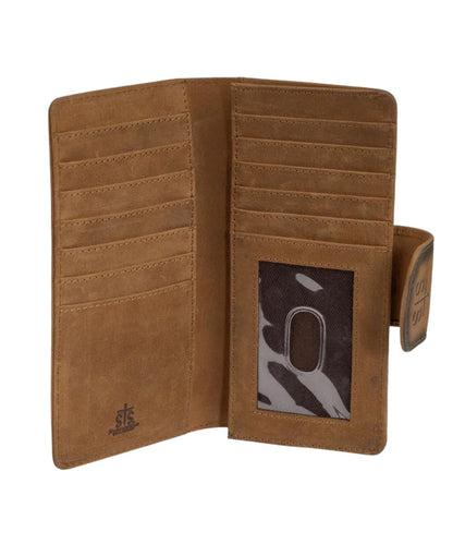 Interior view of the women's brown leather wallet featuring the card slots, 2 slip pockets, and a clear id window