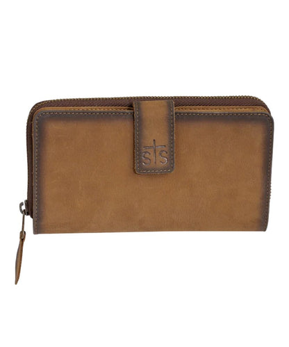Front view of the women's brown leather STS Baroness Basic Bliss Chelsea Wallet featuring the front snap compartment