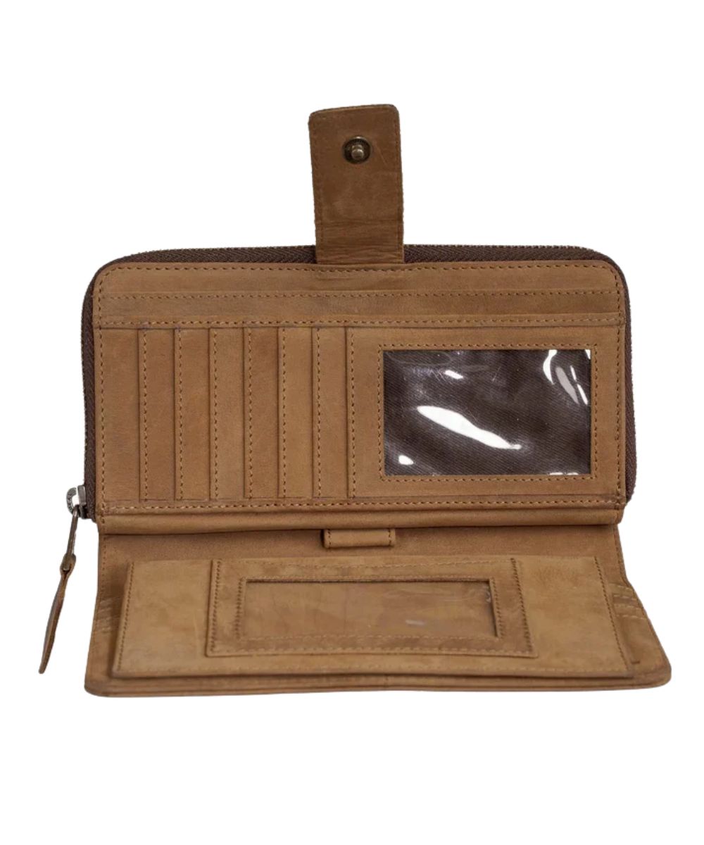 Interior view the snap compartment featuring the 3 slip pockets, checkbook holder, pen slot, card slots, and an ID slot