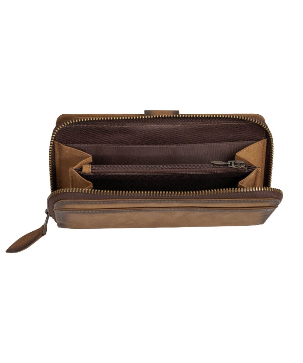 Interior view of the zip-around closure compartment featuring the interior zip divider pocket and 2 slip pockets