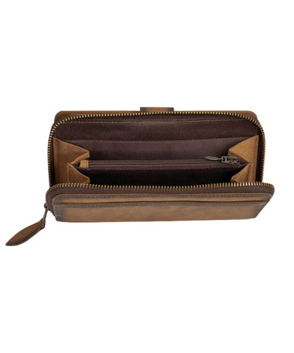 Interior view of the zip-around closure compartment featuring the interior zip divider pocket and 2 slip pockets