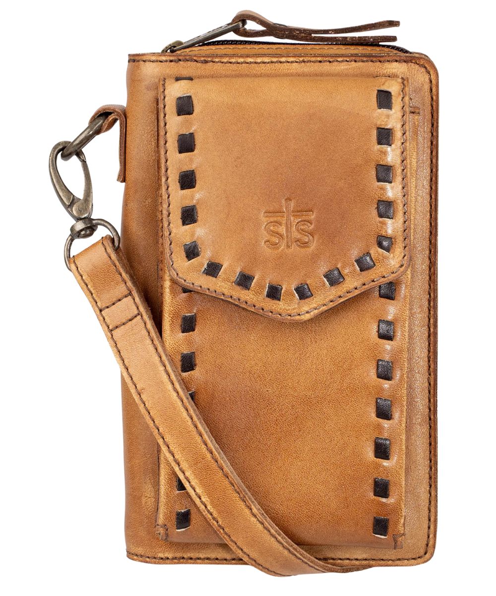 STS women's tan leather Quickdraw Crossbody Wallet with Buckstitch And magnetic flap cell phone pocket front view on white background