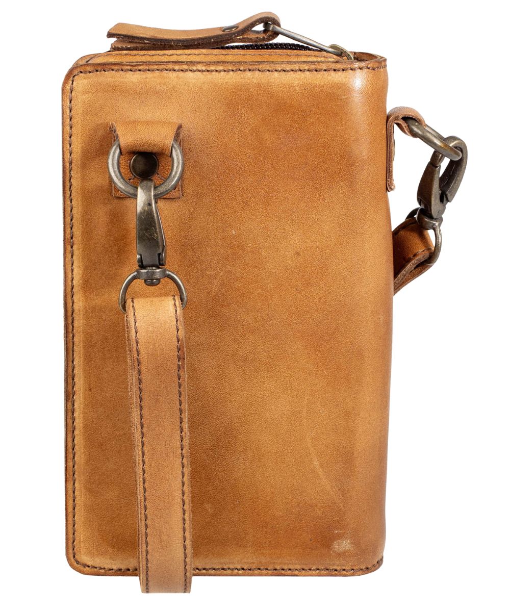 Tan leather bag with a strap on a white background