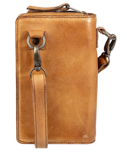 Tan leather bag with a strap on a white background