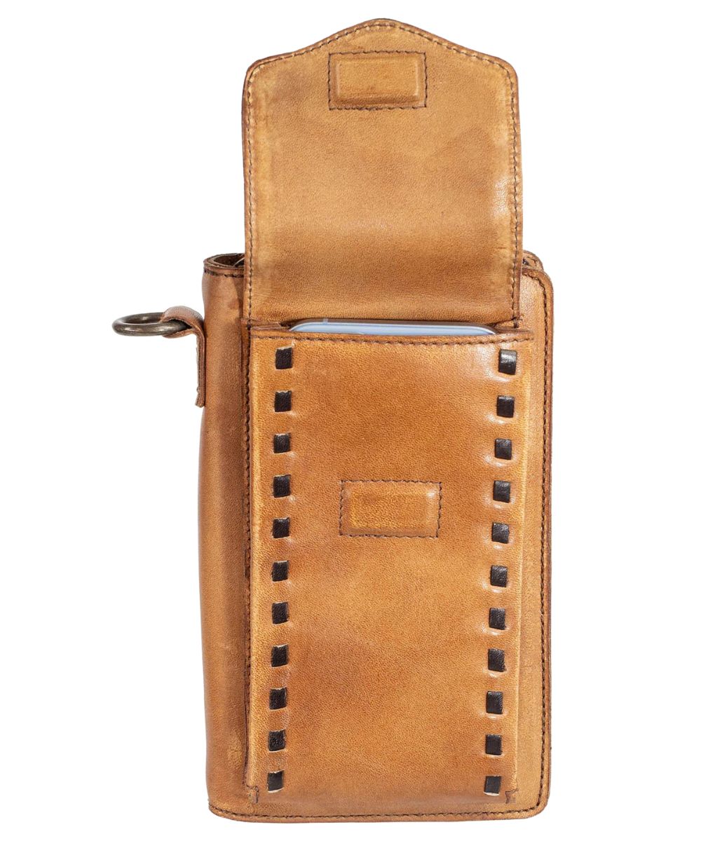Tan leather magnetic flap cell phone pocket opened on a white background