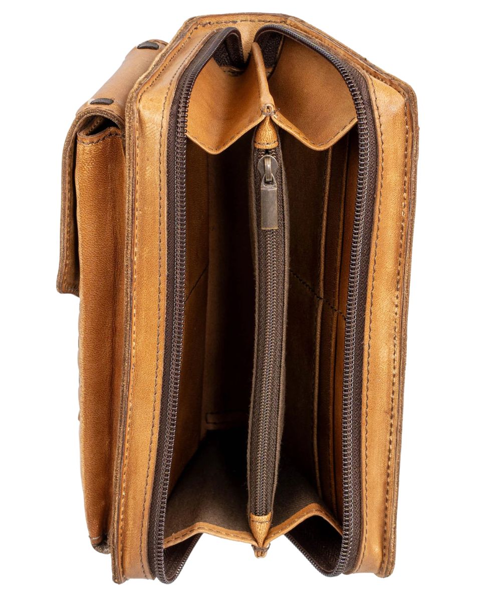 Tan leather wallet unzipped with open compartments on a white background