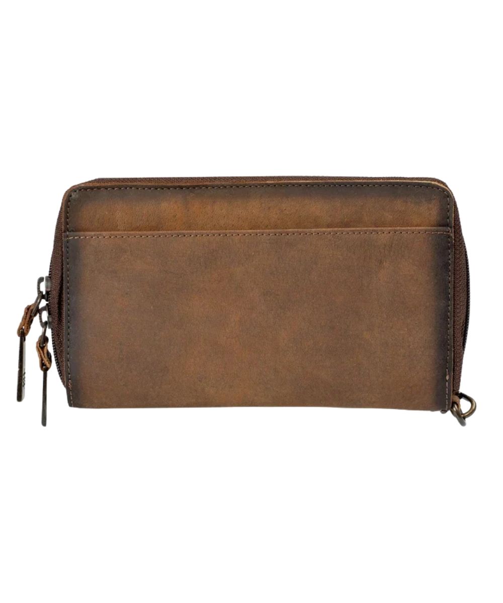 Back view of the women's brown leather clutch wallet organizer