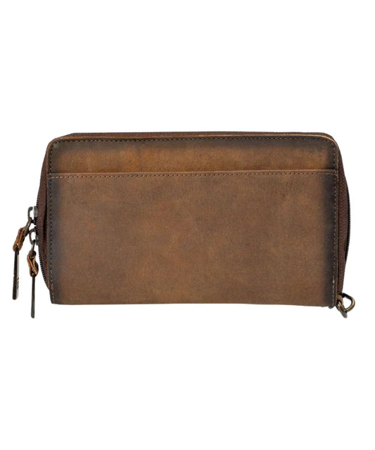 Back view of the women's brown leather clutch wallet organizer