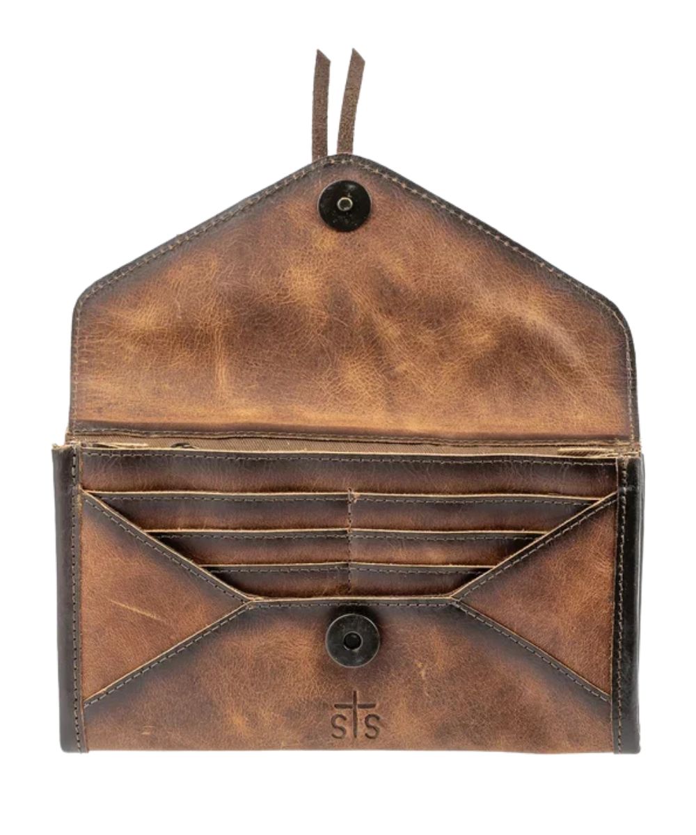 Interior view of the women's brown leather cowhide wallet featuring the 6 interior card slots, 1 interior zip pocket, and 1 interior slip pocket