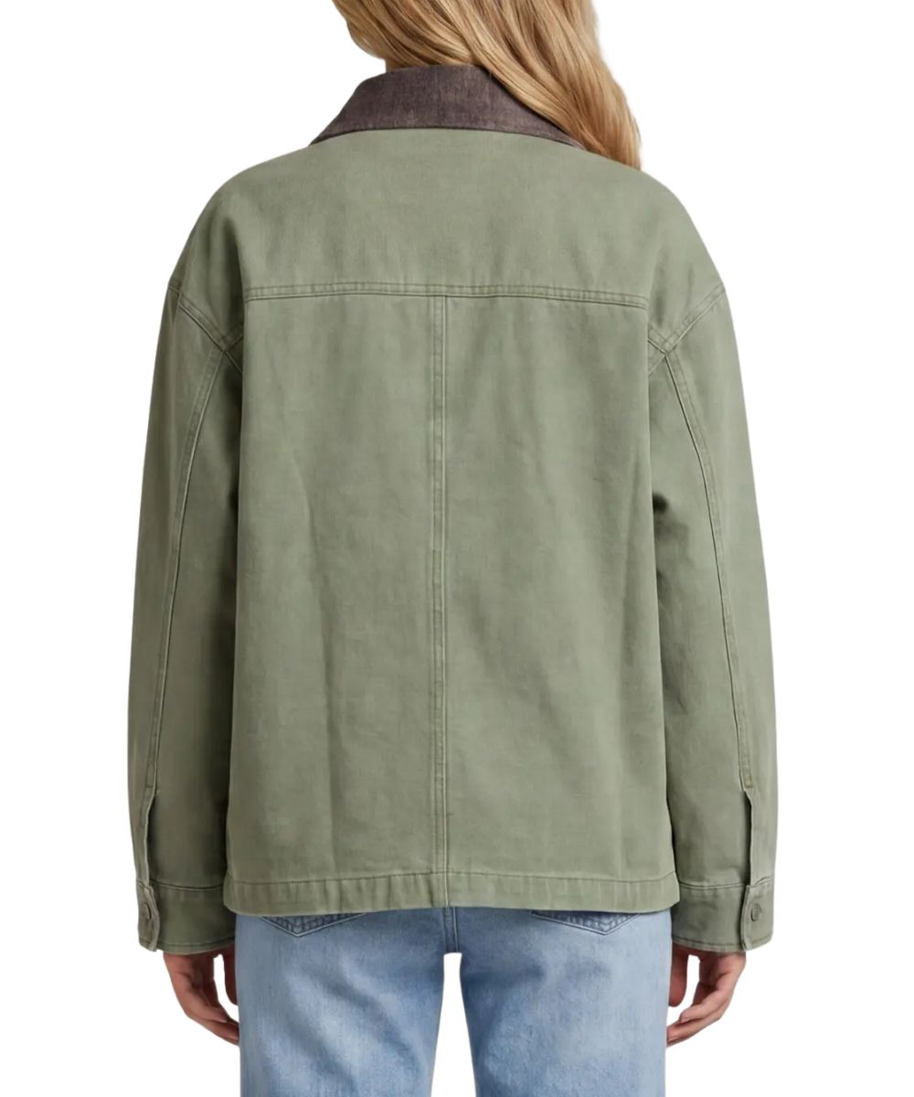 Back view of the women's olive green barn jacket featuring the contrast collar