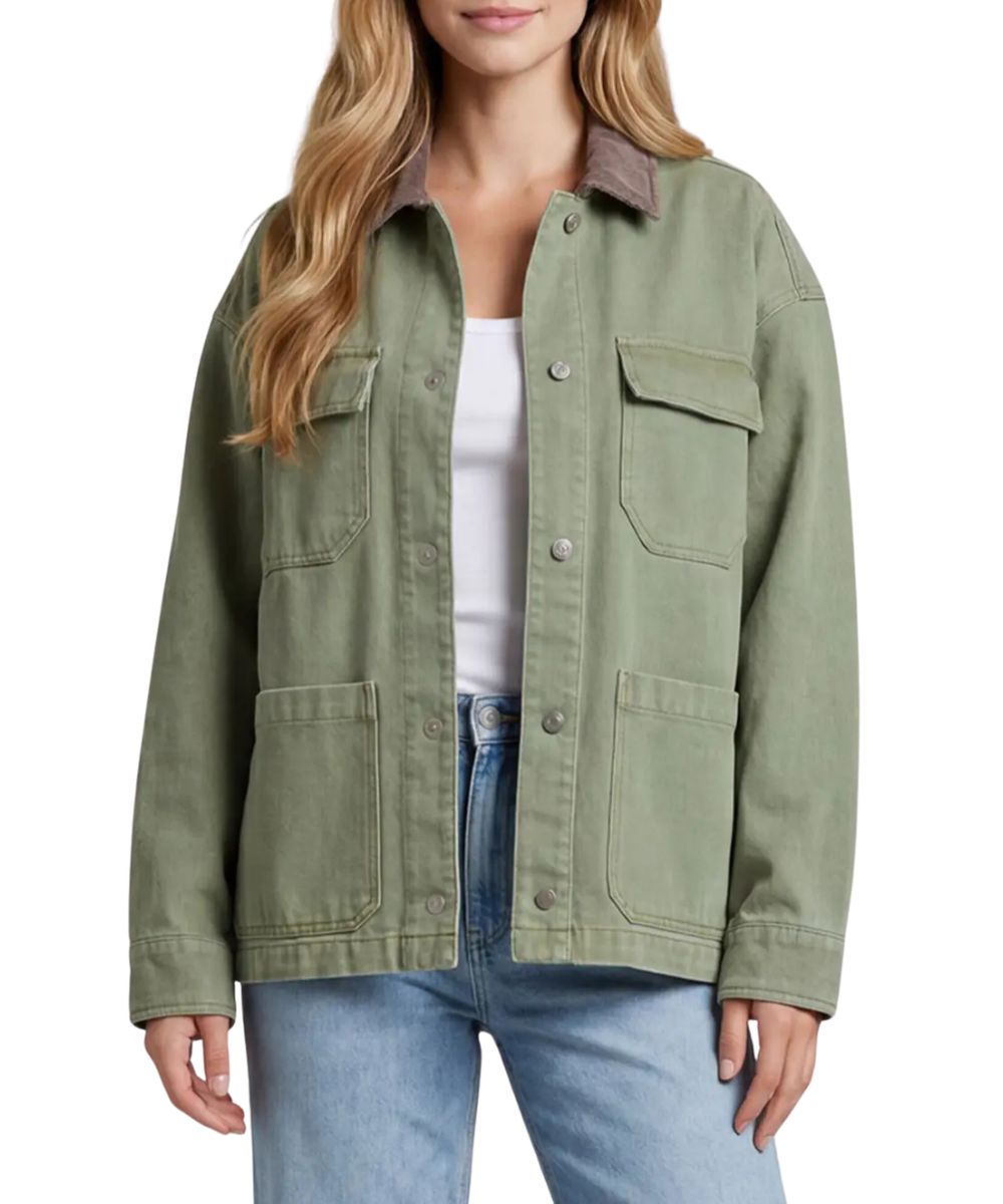 Front view of the women's olive green She + Sky Washed Barn Jacket featuring the long sleeves, spread contrast collar, button front closure, button cuffs, oversized flap chest pockets, oversized hand pockets, and a washed solid print