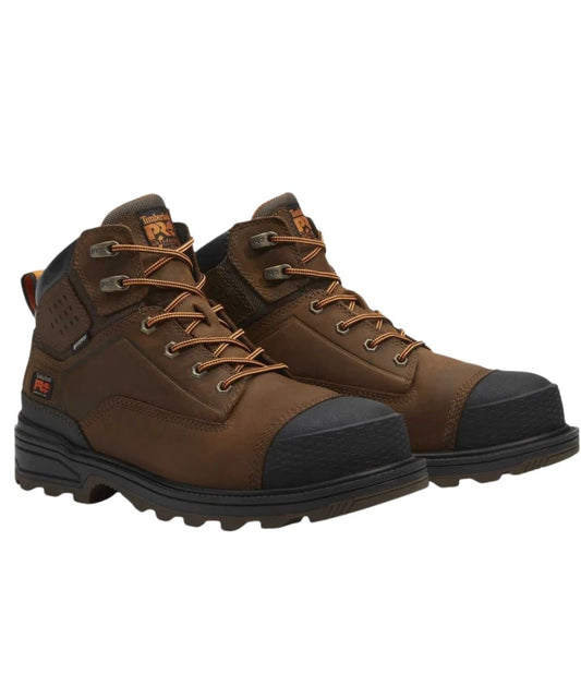 Right angled view of the men's brown Timberland PRO leather work boot featuring the lace-up entry, waterproof membrane, and composite safety toe
