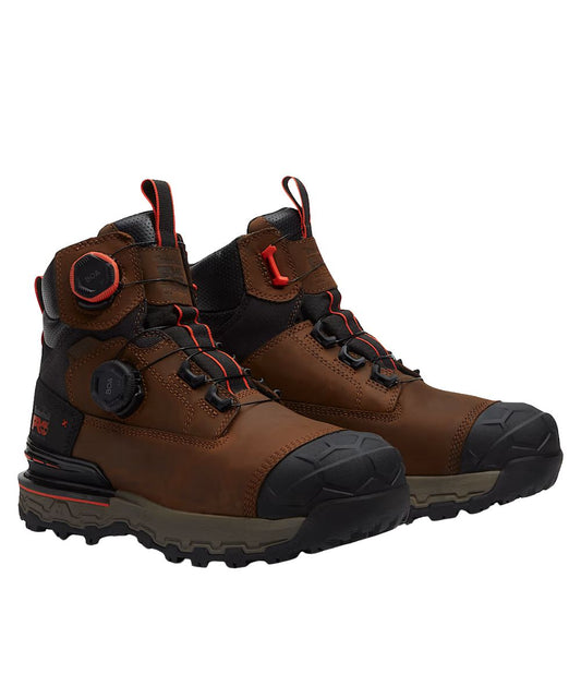 Right angled view of the men's medium brown Timberland PRO Boondock Ultralight Work Boot featuring the dial-in fit system, pull tabs, leather upper, and composite safety toe